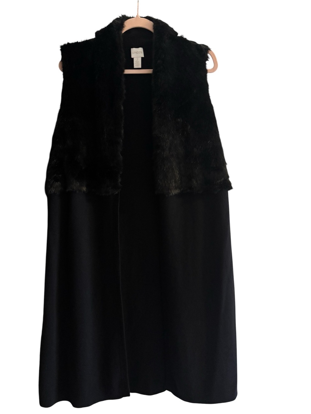Chico’s Anastasia Black Faux Fur Trim Maxi Skirted Vest Sz 2